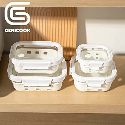 GENICOOK Glass Food Storage Meal Prep Containers - Food Grade Silicone Wrap & Air Release Vent, Rectangular shape - 8 Pc Set (4 Containers - 4 Matching Lids) - color: White silicone