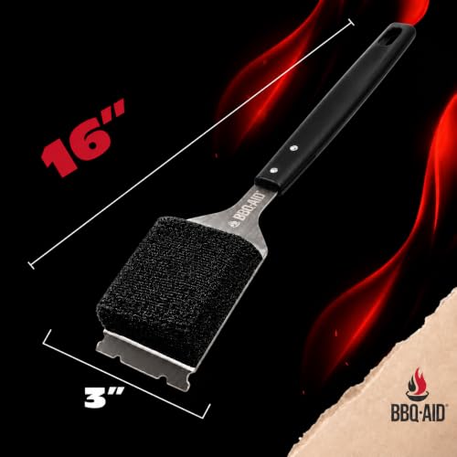 Bristle Free Grill Brush Cleaner and Scraper for Barbecue, Replaceable Head | Safe Bristle-Free Stainless Steel Scrub Pad with Heavy-Duty Scraper & Long Black Handle, Safe on Any Grill Grate - color: Black