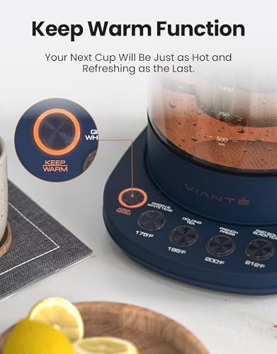 Viante Alba Electric Tea Kettle, Infuser, No Plastic, 1.5L, Midnight Blue | Borosilicate glass & 304 stainless steel construction. 4 temp presets, keep-warm, cordless, auto shut-off - style: Midnight Blue