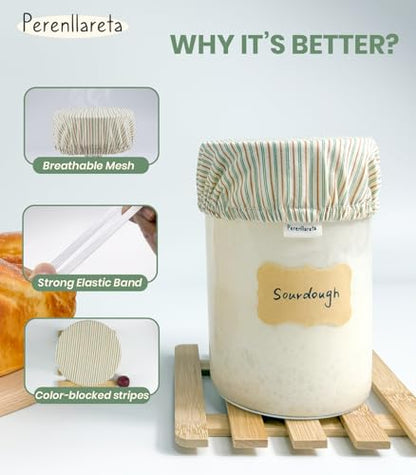 Cloth Jar Covers for Sourdough 4Pack, 4 inch Wide Mouth Kombucha Fabric Lid for Weck Mason Jars, Green Striped - style: Green Striped Cotton