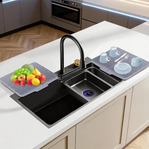 Silicone Dish Drying Mat for Kitchen counter, 15.8"x13" 2Pcs Extra Large Non-Slip Drain Pad with Built-in Drainage, Heat Resistant Dishwasher Safe, Grey - color: Grey-2pcs, size: 15.8" x 13"