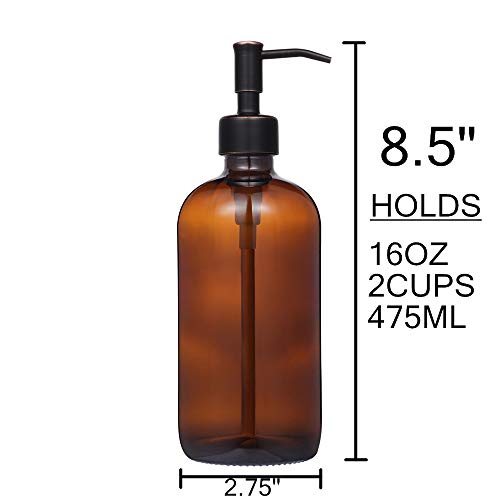 2 Pack Thick Amber Glass Pint Jar Soap Dispenser with Oil Rubbed Bronze Stainless Steel Pump, 16ounce Boston Round Bottles Dispenser with Rustproof Pump for Essential Oil, Lotion Soap | ORB Stainless Steel Pumps - color: Oil Rubbed Bronze Dispenser
