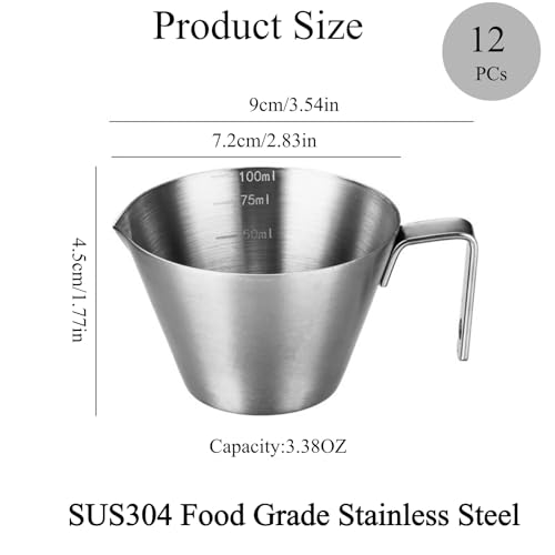 12 Pcs Stainless Steel Measuring Cups, 3.4OZ/100ML Stackable Espresso Pouring Cup with with Spout and Handle Scale, Dishwasher Safe Metal Measuring Cup for Coffee & Baking