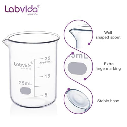 Upgrated 6 Size Low Form Glass Beaker Set, 25ml 50ml 100ml 250ml 500ml 1000ml, 3.3 Boro Glass beakers with Printed Graduation, LVA019 - style: 6 Sizes: 25/50/100/250/500/1000ml
