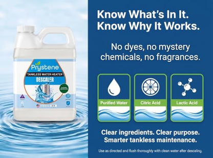 Tankless Water Heater Descaler Liquid 32 Oz — Removes Limescale, Restores Hot Water Pressure and Heating Efficiency — Food Grade Citric and Lactic Acid — Made in USA