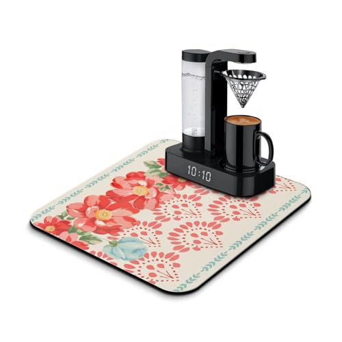 Washable Non-Slip Pioneer Flower Dish Drying Mats,Super Absorbent Quick Drying Mat For Kitchen Counter Home Large Coffee Bar Pad Accessories And Decor 16''x18'' (Boho Red Flower, 16*18) - color: Boho Red Flower, size: 16*18
