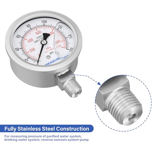 MEASUREMAN Fully Stainless Steel Hydraulic Glycerin Filled Pressure Gauge, 2-1/2" Dial Size,0-160psi/kpa,1/4" NPT Lower Mount - size: 0-160 psi, style: Lower Mount(100% Stainless Steel)