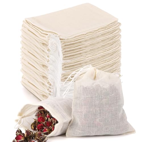 100Pcs Muslin Bags with Drawstring, 3x4 Inch Reusable Empty Tea Bags, Spice Herb Sachet Bag for Cooking Soups, Natural Cotton Unbleached Cheese Cloth Bag for Straining