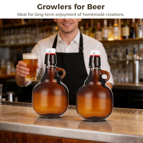 4 Pcs 34oz Beer Bottles for Home Brewing, Amber Glass Gallon Jugs with Airtight Swing Top, Flip Top Storage Bottles Set with Pourers, Funnels, Labels, Glass Containers for Home Brewing