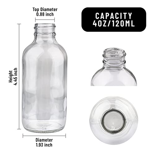 PINIWON 24 Pack 4 oz Clear Glass Bottles, 120ml Boston Round Sample Bottles with Black Poly Cone Caps, Labels, Funnels and Brush - color: Clear-24 pack