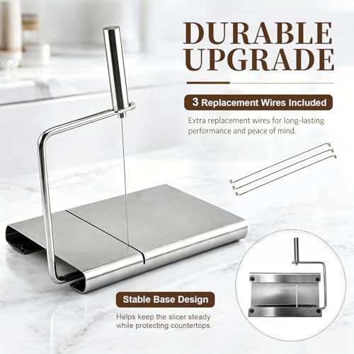 Cheese Slicer with 3 Wires for Block Cheese, Wire Cutter | Adjustable slices, quick-change stainless steel wire for cheddar, mozzarella, Swiss, butter, dishwasher-safe kitchen use