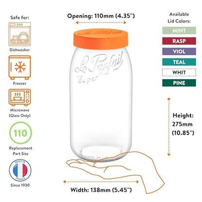 Le Parfait Eco-Friendly Zero Waste Wide Mouth Glass Jar with Airtight Screw Top Lid - Reusable French Storage Jar for Food, Soup, Flour, Sugar, Canning & Baking (3L/96oz, 3 Pack, Teal) - color: 3L-Teal (Set/3)