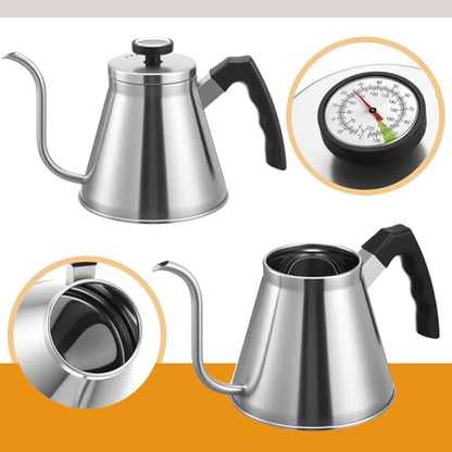 2 Pack 40 oz Gooseneck Kettle with Thermometer Stainless Steel Pour over Coffee Kettle Precision Drip Spout for Stovetop Home Kitchen Camping(Silver) - color: Sliver