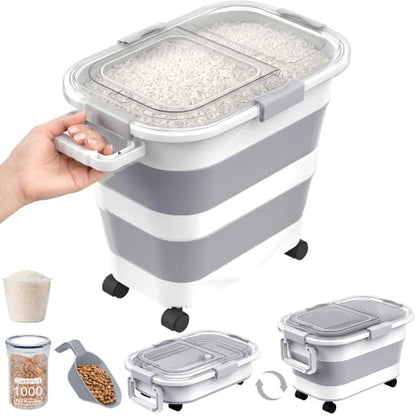 30 Lbs Rice Storage Container with Wheels, Collapsible Airtight Dog Food Storage Container with Transparent Lid, Measuring Cup, Scoop, Handle, BPA Free Rice Holder for Pet Food, Grain, Bird Seed - color: Grey/30lbs