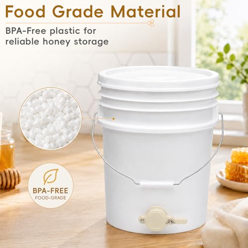 3 Pack 5 Gallon Honey Buckets with Honey Gates and Lids, 15 Gallon Total, Food Grade BPA-Free HDPE Beekeeping Bucket Set for Honey Harvesting, Extraction, Filtering, Bottling & Storage