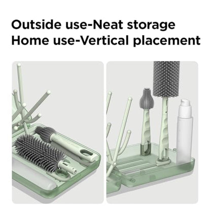 YOTIME Travel Bottle Brush Set, Auto-Open Rack & Vertical Brushs Drying Slots, 3 Brushes, Foldable Drying Rack, Dispenser, Travel Baby Essentials for On-The-Go Parents, Transparent Green - color: Transparent Green