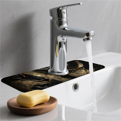 Kitchen Sink Splash Guard，Black and metallic gold marble Faucet Mat Sink Gadgets-Super Absorbent Fast Drying Mat Drip Catcher for Kitchen, Bathroom,Sink Mat, Dish Drying Mat, Bathroom(15" X 5.5" ) - color: Black and metallic gold marble