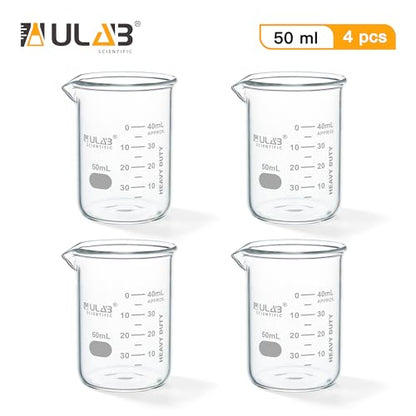 ULAB Glass Beakers Shot Glass, Vol. 50ml, 3.3 Borosilicate Griffin Low form with Printed Graduation, Pack of 4, UBG1019 - style: Vol.50ml, Pack of 4