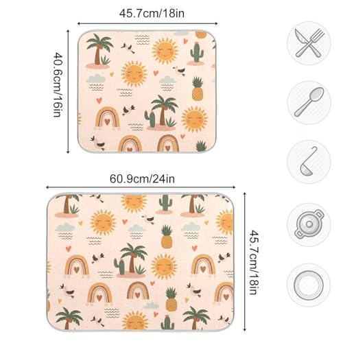 Tropical Sun Palm Tree Dish Drying Mat for Kitchen Counter Super Absorbent Draining Mat with Non-slip Backed Sink Tray Mat for Dish Bottles Cups Bowl Sinks Countertops Draining Racks
