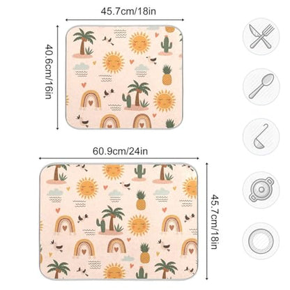 Tropical Sun Palm Tree Dish Drying Mat for Kitchen Counter Super Absorbent Draining Mat with Non-slip Backed Sink Tray Mat for Dish Bottles Cups Bowl Sinks Countertops Draining Racks