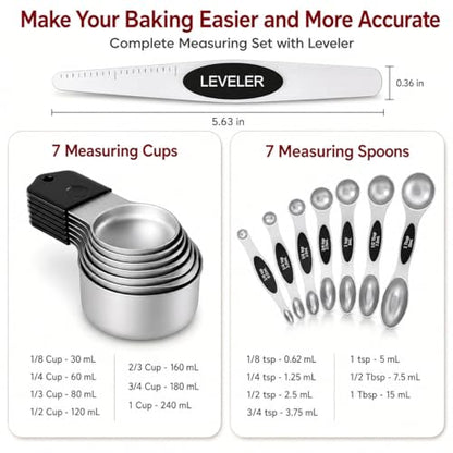 Magnetic Measuring Cups & Spoons Set|304 Stainless Steel Dual Scale Set of 15, Strong N52 Magnetic Nesting Design with Leveler, for Dry&Liquid Ingredients, Dishwasher Safe(Black) - color: Magnetic Measuring Cups & Spoons Set Black