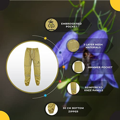 BeeProGear Sting-Proof Beekeeping Pants for Men & Women, Ventilated 3-Layer Mesh Pants with Tool Pockets & Carry Bag - color: Brown, size: X-Small