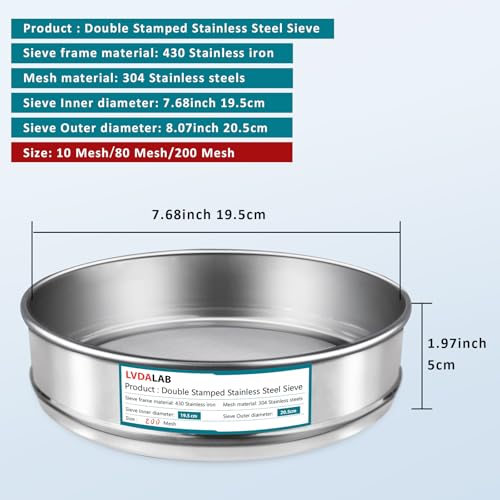 3 Pack 304 Stainless Steel Mesh Lab Sieves, 200mesh 0.075mm, 80 Mesh 0.2mm, 10 Mesh 2mm Aperture Test Sieve,7.9in/20cm Dia Economy Test Sieve for Industrial Laboratory Homes - style: 200+80+10