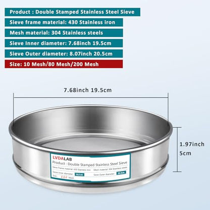 3 Pack 304 Stainless Steel Mesh Lab Sieves, 200mesh 0.075mm, 80 Mesh 0.2mm, 10 Mesh 2mm Aperture Test Sieve,7.9in/20cm Dia Economy Test Sieve for Industrial Laboratory Homes - style: 200+80+10