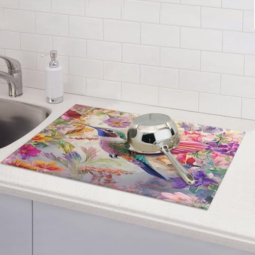 Hummingbird Dish Drying Mat for Kitchen Counter Microfiber Super Absorbent Non-Slip Dish Drying Pad for Countertops Dishes Utensils Stylish Quick-Dry Machine Washable 18x24 Inch - color: Hummingbird