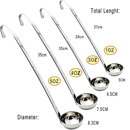 4-Piece Stainless Steel Soup Ladle Set with Bent Hook Handle and Pouring Rim, 1oz/3oz/4oz/5oz