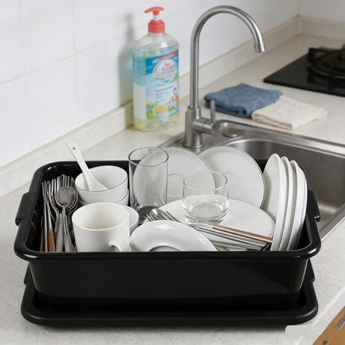 Pack of 3 Food Service Bus/Utility Tote Box with Lid, Plastic Restaurant Dish Tub, 13 L, Black