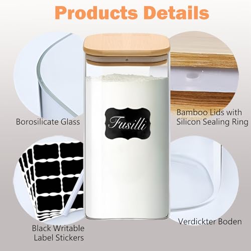 Glass Storage Containers with Lids, Clear Food Storage Container Jar with Sealing Bamboo Lid for Noodles Flour Cereal Rice Sugar Tea Coffee Beans (Square-5Pack) - size: Square 0.8 Qt*2/1.2 Qt*2/2.2 Qt*1-5Pack