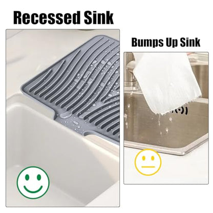 TIKNIK Silicone Dish Drying Mat for Kitchen Counter - Heat Resistant & Non-Slip Dish Drain Pad with Built-In Drain, Dishwasher Safe, Quick-Dry, Hangable & Roll-Up for Storage, Grey-1pcs, 16" x 12" - size: 16" x 12"