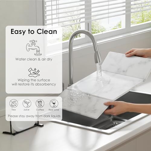 3 PCS Large Stone Dish Drying Mat for Kitchen Counter -24"x16" Absorbent Diatomaceous Earth Mat with Stone Faucet Mat & Soap Tray - Quick Dry, Collapsible, Non-Slip Countertop Organizer - color: Gray Marble