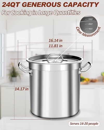 24 Quart Stainless Steel Stock Pot with Lid – Heavy Duty Cooking Pot for Soup, Stew, Pasta – Induction Compatible, Dishwasher Safe – Ideal for Home & Commercial Use - size: 24 Quarts