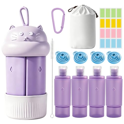4 in 1 Portable Travel Dispenser Bottle Set (4 x 15 mL) Refillable Leakproof Travel Bottles with Cleaning Brush, Carabiner, Labels, Drawstring Pouch & 4 Funnels for Shampoo, Lotion & Body Wash(Purple) - color: Purple