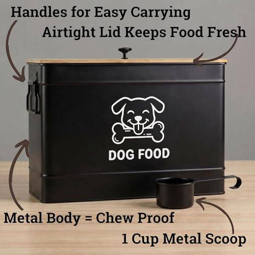 Dog Food Container Airtight 15 lb (50 Cup) Capacity with Metal Scoop - Cute Airtight Dog Food Storage Container with Bamboo Lid - Black Metal Kibble Storage Bin for Dogs up to 100 lbs - Big Pet Jar - color: Black