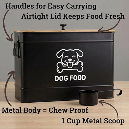 Dog Food Container Airtight 15 lb (50 Cup) Capacity with Metal Scoop - Cute Airtight Dog Food Storage Container with Bamboo Lid - Black Metal Kibble Storage Bin for Dogs up to 100 lbs - Big Pet Jar - color: Black