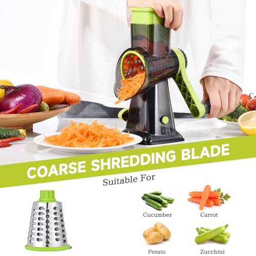 Rotary Cheese Grater with Handle Kitchen Shredder Slicer Grater Slicer Ice Shaver Cheese Vegetable Nuts Potato Zucchini Chocolate 3 Interchangeable Blades (Green TSP) - color: Green TSP