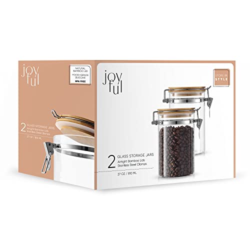 JoyJolt Borosilicate Glass Jars With Bamboo Lids (27oz). 2PC Set of Airtight Storage Jars with Clamp Lids for Pantry Storage. Air Tight Sealable Containers for Kitchen Organization.