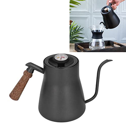 850ml Gooseneck Coffee Kettle with Thermometer, Stainless Steel Pour Over Pot with Wood Handle, Non Slip Bottom, and for Coffee Brewing