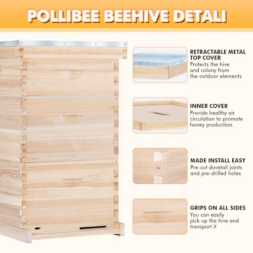 POLLIBEE Bee Hive,10 Frame Beehive Boxes Starter Kit, Langstroth Beehives Include 2 Deep Hive Boxes and 1 Medium Super Bee Box, Include Bee Hive Frames and Wax Foundation Sheets - size: 1 Super+2 Deep