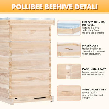POLLIBEE Bee Hive,10 Frame Beehive Boxes Starter Kit, Langstroth Beehives Include 2 Deep Hive Boxes and 1 Medium Super Bee Box, Include Bee Hive Frames and Wax Foundation Sheets - size: 1 Super+2 Deep
