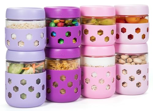 Gemice 8-Pack Overnight Oats Containers with Lids and Colorful Sleeves, 16 oz & 10 oz Airtight Glass Chia Pudding Mason Jars, Dishwasher Safe, Wide Mouth Meal Prep Jar for Yogurt Oatmeal - color: Purple, size: 16oz&10oz, 8-Pack