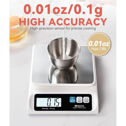 BOMATA 0.1g/ 13lb Food Scale, USB Rechargeable, Digital Kitchen Scale with Removable Stainless Steel Pan, Backlit LCD Display, for Cooking, Baking B621 White - color: White Rechargeable