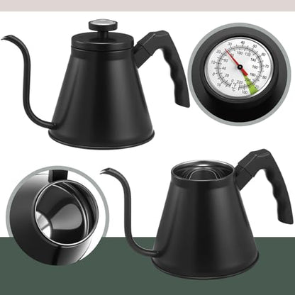 2 Pack 40 oz Gooseneck Kettle with Thermometer Stainless Steel Pour over Coffee Kettle Precision Drip Spout for Stovetop Home Kitchen Camping(Black) - color: Black