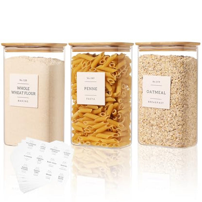 3 Pack Square Glass Pantry Storage Containers with 132 Kitchen Food Pantry Labels - 51 floz Clear Glass Pantry Jars with Airtight Wood Bamboo Lids - Glass Canisters for Candy, Cereal, Coffee, Spice - size: 51oz-3pack