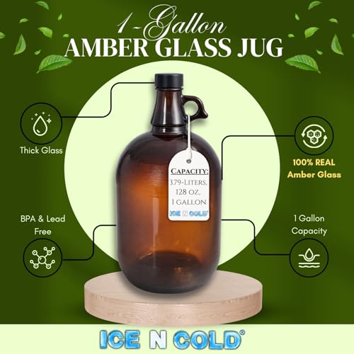 1 Gallon (128oz) Amber Glass Jug With 38mm Cap - FBA