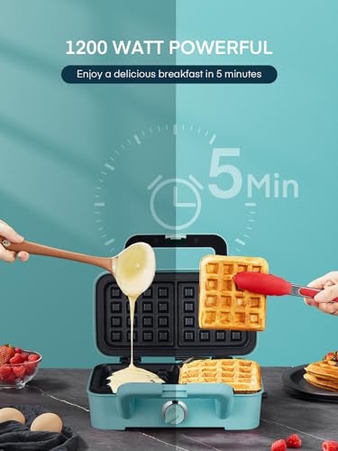 FOHERE Waffle Maker 3 in 1 Sandwich Maker 1200W Panini Press With Removable Plates and 5-gear Temperature Control, Non-stick Coating Easy to Clean,Indicator Lights, Blue - color: Light blue