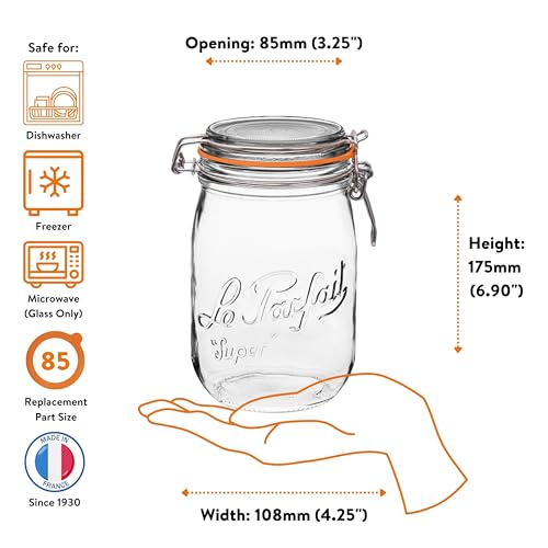 Le Parfait Super Jar 1L (32oz) French Glass Preserving Jar w/Airtight Rubber Seal & Wire Bail Closure - BPA-Free Canning Jar for Pickles, Fruits, Sauces & Food Storage - Made in France Since 1930 4PK - color: 32oz (Set/4)